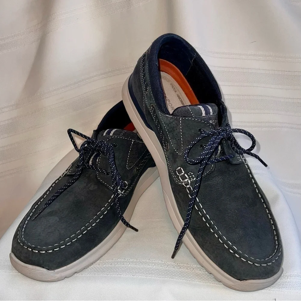 Men’s Rockport Boat Shoes Blue‎ Leather Canvas Suede truTECH sz 10 EUC